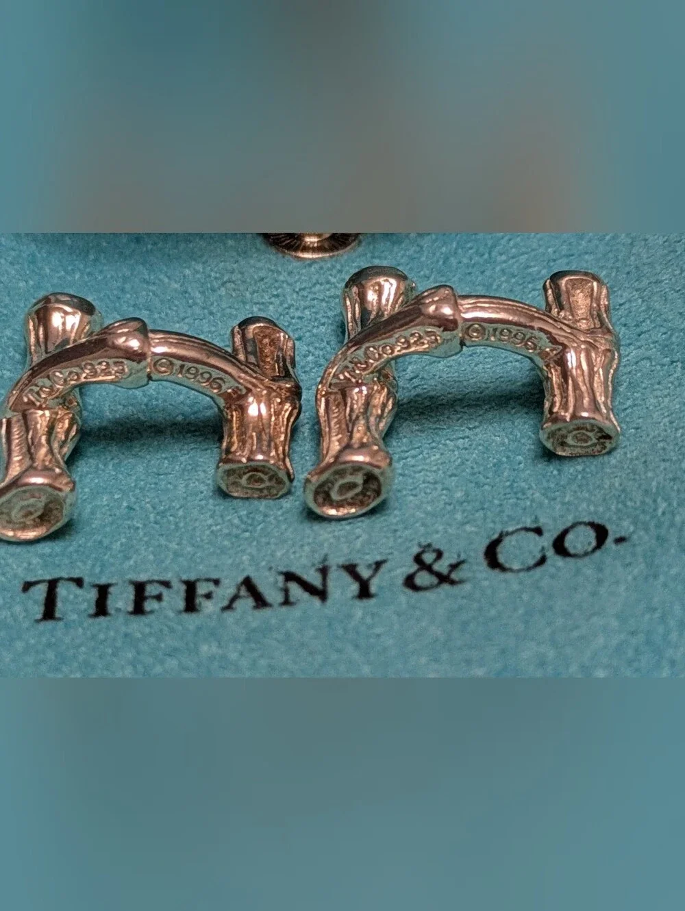 Authentic Vintage 1996 Tiffany & Co. Sterling Silver Bamboo Cufflinks w/Pouch